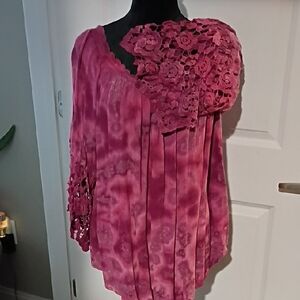 Chic Floral Lace Women's Blouse in Deep Pink
